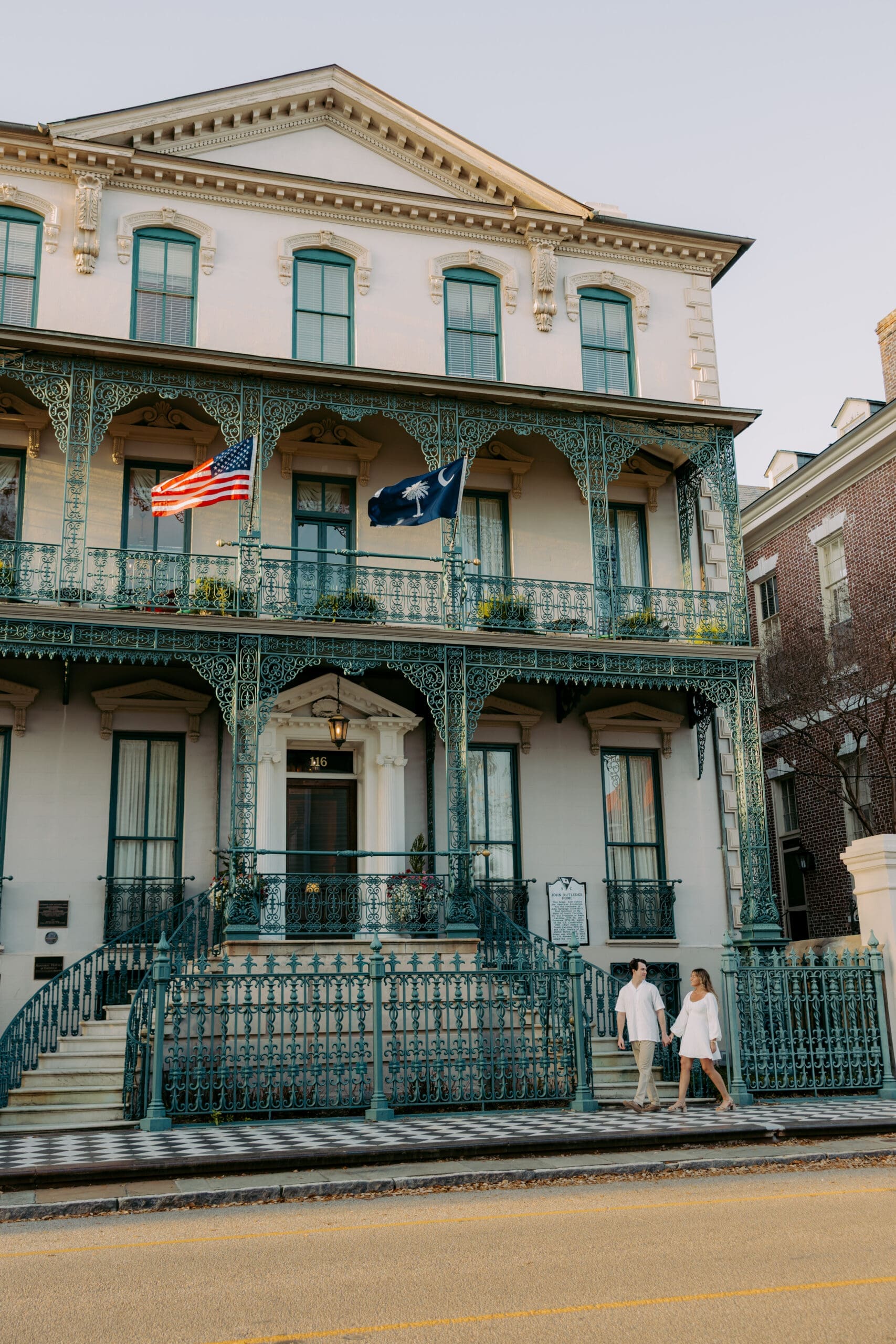 Elegant Charleston engagement photos with soft light and historic buildings near John Rutledge House Inn