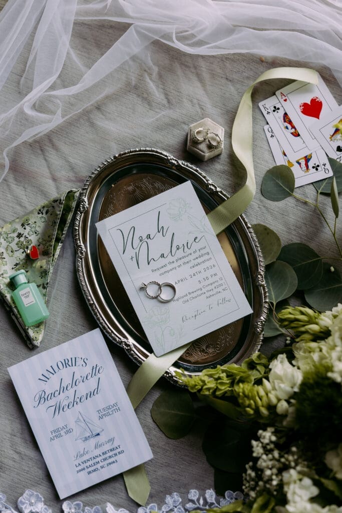 bride and groom flat lay highland brewing