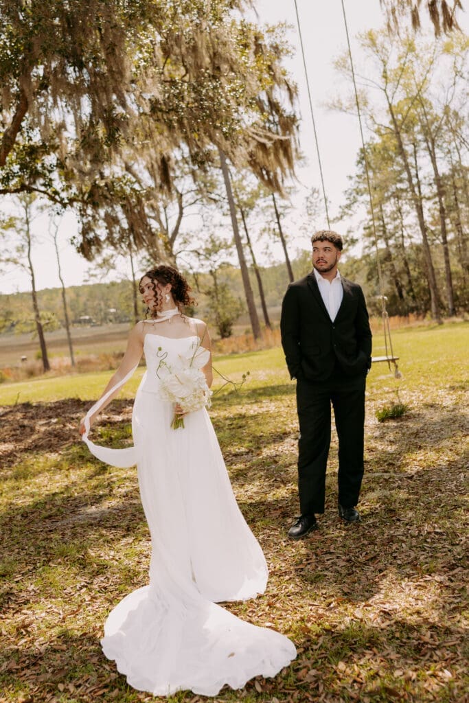 bride and groom portraits at lowcountry wedding venue, pine creek place 