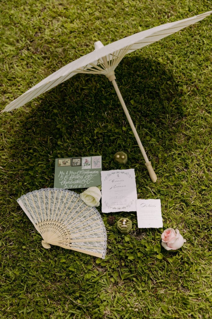 Flat lay details with parasol umbrella at pine creek place