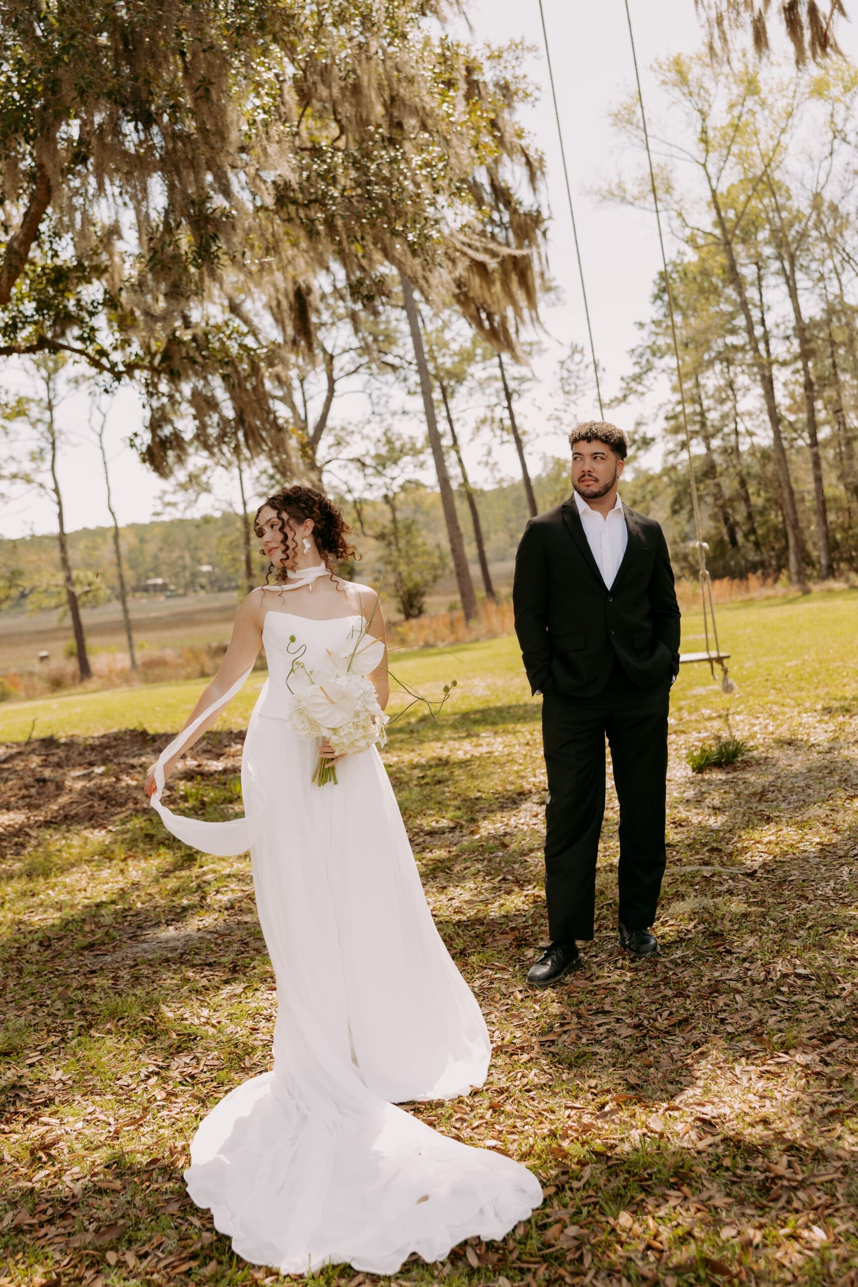 bride and groom portraits at lowcountry wedding venue, pine creek place