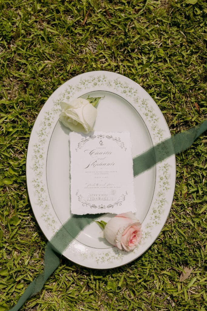 Wedding invitation and bridal details for a Pine Creek Place wedding