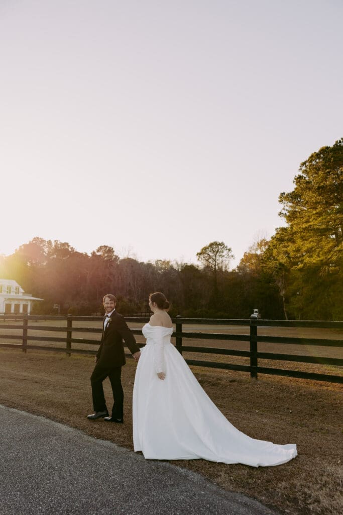 bride and groom at golden hour at pepper pavilion
