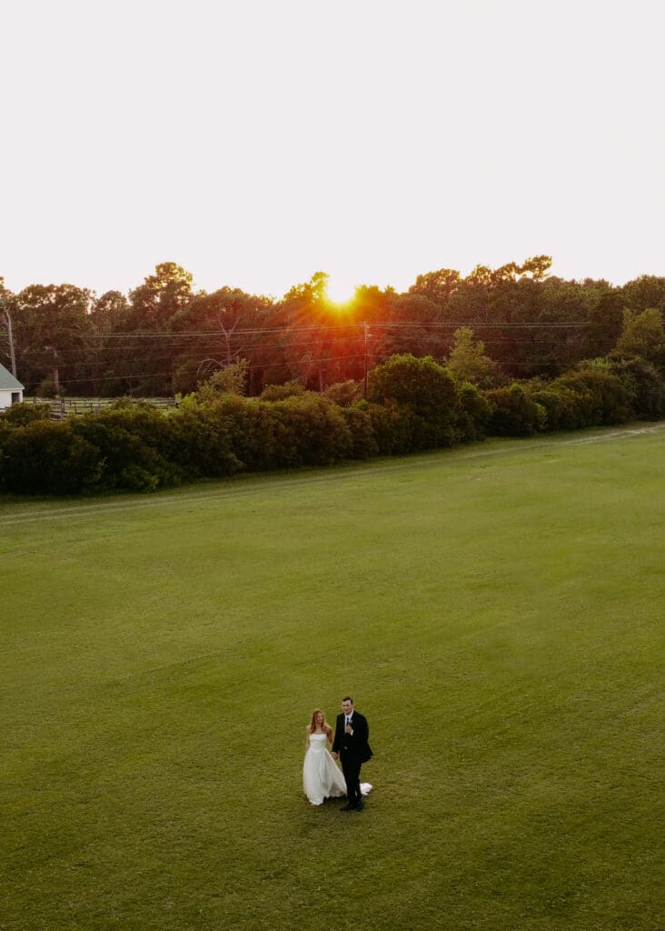 drone golden hour bride and groom portraits at twin fields estate